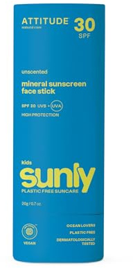 ATTITUDE Mineral Face Sunscreen Stick for Kids, SPF 30, EWG Verified, Plastic-Free, Broad Spectrum UVA/UVB Protection with Zinc Oxide, Dermatologically Tested, Vegan, Unscented, 20 g