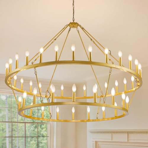 WJShome 57 Inch Gold Wagon Wheel Chandelier: A Show-Stopping 2 Tier 48-Lights Farmhouse Dining Room Light Fixture, Perfect for Rustic Kitchen Island & Extra Large Foyer Spaces!