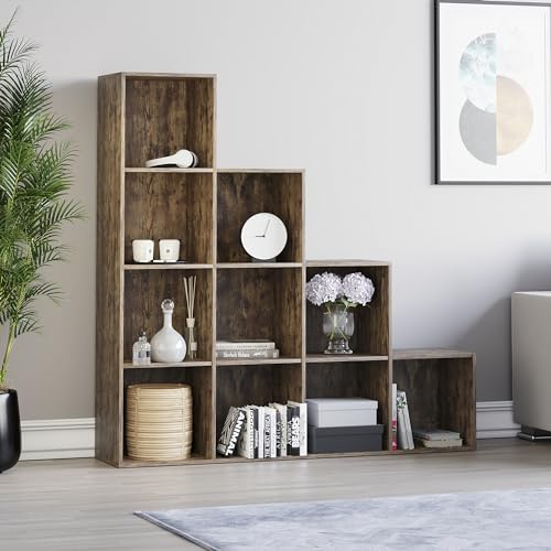 Vida Designs Durham Staircase Bookcase Shelves Storage Organiser Living Room Furniture (10 Cube, Dark Wood)