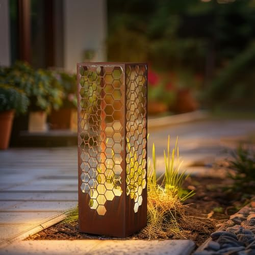 Sumind 24 Inch Honeycomb Garden Column Rust Steel Statue, Outdoor Yard Sculpture, Metal Patio Landscape Decor, Beehive Art Column for Lawn, Porch, Backyard Decoration, Modern Garden Ornament