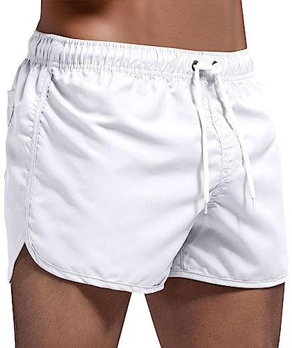 Mens Swim Shorts Summer Beach Shorts Quickdry Swimming Trunks Surf Board Elastic Waist Lightweight Holiday Swimwear for Men Casual Drawstring Watersports Trousers (White, L)