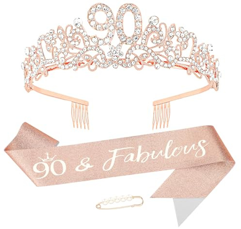 KIUEZIR Set di 90° corona di compleanno e fascia in oro rosa – lega durevole e strass fiori diadema con pettini antiscivolo, fascia glitterata e spilla per decorazioni 90° compleanno