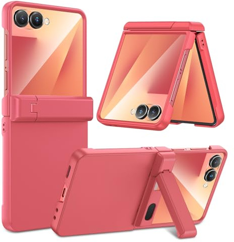 HWeggo Funda para Samsung Z Flip 7 con Plegable Kickstand y Protector de Pantalla Frontal & Protección de Bisagras,Support Wireless Charging Shockproof Cover,Rojo Coral