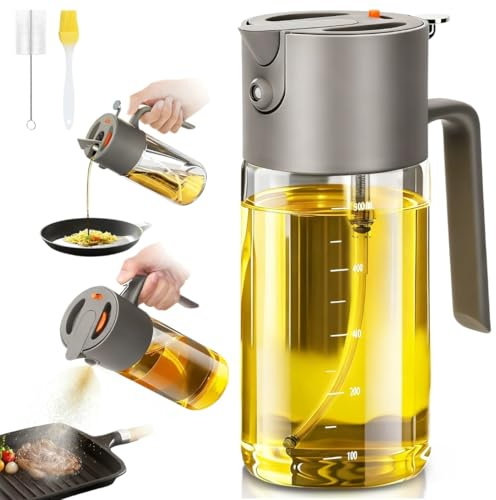 Spray Aceite 2-en-1 – Dispensador y Pulverizador de Aceite de Oliva 550 ml en Vidrio para Cocina, Ensaladas, Barbacoa, Freidora de Aire, Vinagre, Aceite, Accesorio Cocina Antigoteo (Gris)