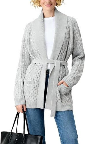 Majdan Womens Cable Knit Open Front Cardigan Casual Long Sleeve Wrap Sweater with Removable Belt (LightGrey-XS)