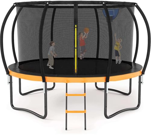 Liyarya 12FT Trampoline, Outdoor Trampolines with Basketball Hoop, Enclosure Net Curved Poles and Ladder, 400LBS Heavy Duty Trampoline for Kids and Adults Anti-Rust Coating, ASTM Approval