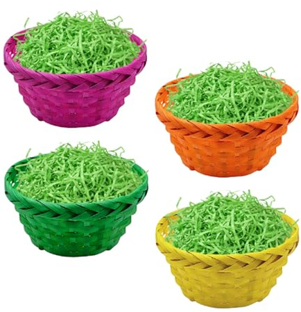 ZoneYan Cesta Huevos Pascua Colores, 4 Piezas Cesta Pascua con Relleno Virutas Papel, Nido de Pascua de Bambú, Cestas de Tejida Redonda para Pascua Decoración y Almacenar