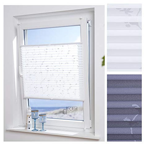 ourdeco® Plissee / 100 x 130 cm Weiß, bedrucktes Blumenmotiv Ranke/lichtdurchlässig, Blickdicht/Farbe: Weiß Ranke/Klemmen=Montage ohne Bohren=Smartfix=Klemmfix-Plissee=Easy-to-fix
