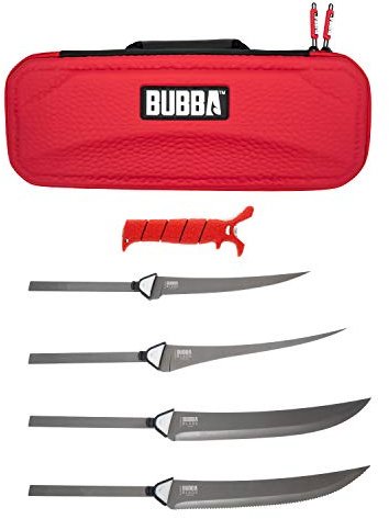 BUBBA Multi-Flex Interchangeable Blade, with Non-Slip Grip Handle, 4 Ti-Nitride S.S. Coated Non-Stick Blades and Case for Fishing