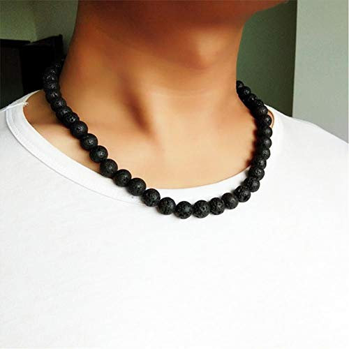 KJFUN Halskette 6Mm 8Mm Schwarz Vulkan Lava Stein Choker Rock Perlen Ketten Halskette Männer Schmuck Collier