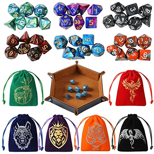 Grajar DND Dice Set, 42 Pcs polyhedral dice Set with 6 Colorful Animal Pattern Bag and PU Leather Velvet Tray for Dungeons Dragons D&D RPG MTG Table Games