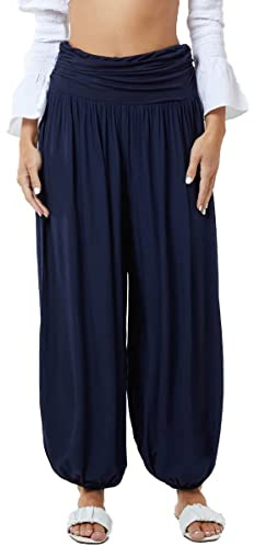 Women's Full Length Lagenlook Boho Hippy Harem Ali Baba Long High Waisted Cuffed Loose Fit Plain Pants Summer Trousers Ladies Joggers Baggy Yoga Harem Pants Plus Size UK 10-18 (12, Navy Blue)