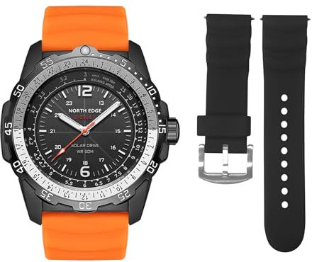 NORTH EDGE Herren Solaruhren mit Silikonarmband, Militärische, wasserdichte Armbanduhr für Sport und Taktik – Minimalistisches Design orange (Farbe)