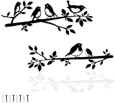 Pduoduo Metall-Vögel-Wandkunst,hängende Blätter mit Vögeln,Metall Ornament Zweig Wand hängende Zeichen für Balkon Indoor Outdoor Dekoration