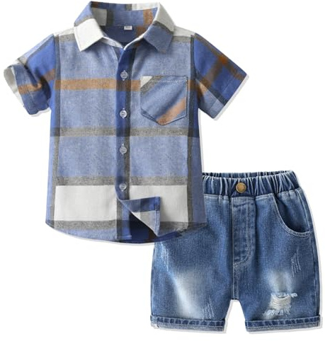 Volunboy Bebis pojke sommarset, pläd kortärmad skjorta + jeans shorts lediga kläder 2 delar, Blå jeans, 4-5 años