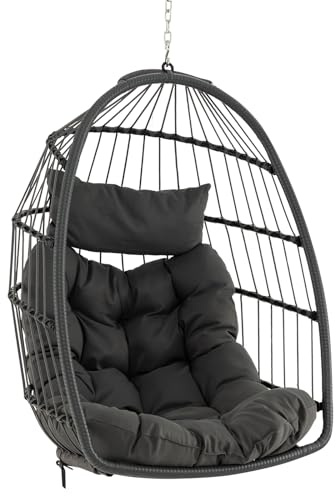 COSTWAY Fauteuil Oeuf Suspendu en Rotin PE, Charge 150 KG, Gris | Balançoire Suspendue avec Coussin et Appui-Tête Amovibles, Chaise Hamac pour l'Intérieur et l'Extérieur, Panier Suspendu