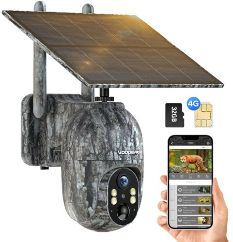 4G LTE Wildkamera Solar, 1080P Live Übertragung Wildkamera mit Handyübertragung App, 355° Schwenk 90° Neigung, Wildtierkamera mit Nachtsicht Bewegungsmelder mit 32G Speicherkarte IP66 Wasserdicht