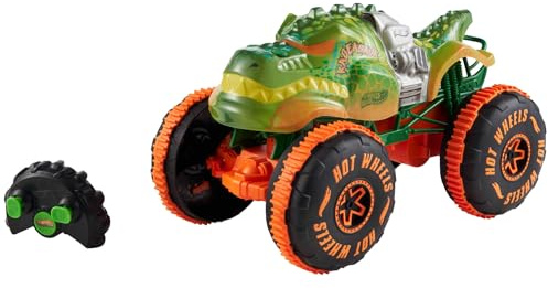Hot Wheels Monster Trucks - Rageasaur radiocomandato, veicolo R/C in scala 1:15, pneumatici Grip Action per andare fuoristrada e fare acrobazie, giocattolo per bambini, 4+ anni, JBH03