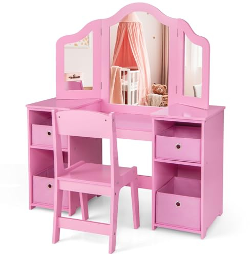 GOPLUS Sminkbord för barn med stol, prinsessa toalettbord med avtagbar spegel, kosmetiskt trä (rosa med stol och låda)