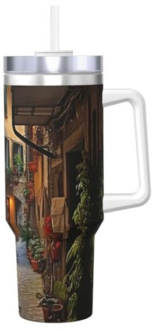 Italian Old Street, borraccia termica a doppia parete in acciaio inox, con manico e coperchio con cannuccia, 1184 ml