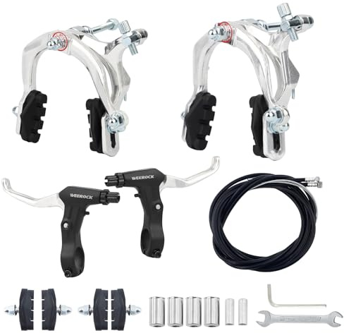 WEEROCK Bike Caliper Bremsen-Set, vorne und hinten, C-Bremsset, Felgenbremsset mit Aluminiumlegierungs-Bremshebeln, Fahrradkabel für Kinderfahrrad, BMX, Strandrad, Pendlerrad (Silber/Komplettset)