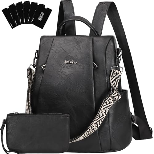 Eshow Mochila Antirrobo Mujer con Neceser Pequeño, Bolso Impermeable de Cuero PU, se Puede como Bandolera o de Mano para Trabajo Viaje Universidad Escuela y Compras