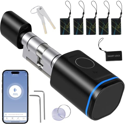Hoapin Smart Türschloss Cerradura Inteligente Ajustable 60mm, Bombin Cerradura Seguridad con Huella Digital, Aplicación, Llave, Tarjeta Clave, Cerradura Electrónica para la Puerta de Entrada