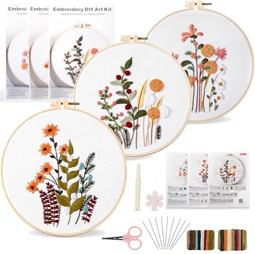 VINATO Kit di Ricamo per Principianti con 3 Motivi Floreali, Telaio in Bambù, Filo e Accessori | Set Completo per Punto Croce e Ricamo a Mano | Idea Regalo per Adulti