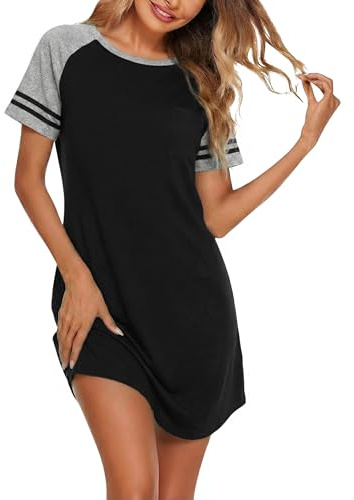 Marvmys Chemise De Nuit Été pour Femme Nuisette Femmes à Manches Courtes Rayée Robe De Nuit Patchwork Contrastée avec Poche Poitrine