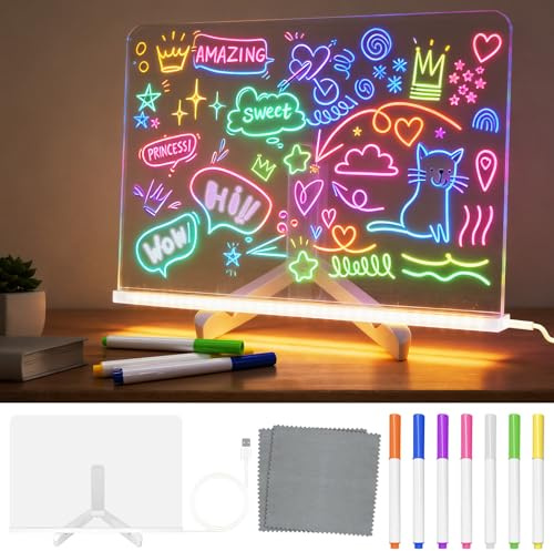Tableau Blanc Ardoise Effaçable LED, Tableau Lumineux Dessin Enfant 2026, Ardoise Magique avec 7 Feutres Support, Tablette Lumineuse Dessin pour Enfants Bureau École Cadeau Créatif, 30x20cm