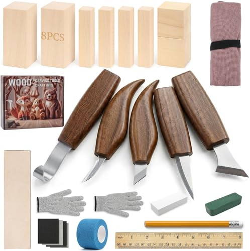 PUYUKO 26 Pcs Kit de Sculpture sur Bois avec Ciseaux à Bois pour DIY, Menuiserie Outillage avec 5 Couteau pour Debutant, Outil Sculpture Citrouille pour Adulte avec 8 blocs de tilleul &cuir d’affilage