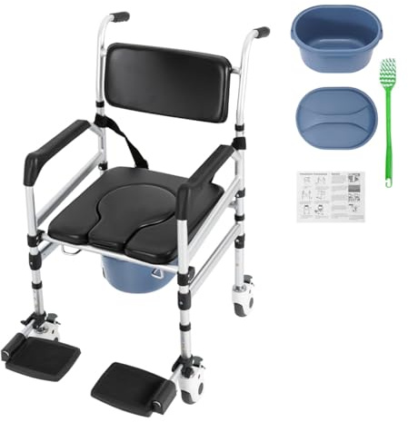 Silla de ducha con ruedas, plegable y regulable en altura, de aluminio, con asiento en forma de U e inserto de inodoro, para personas mayores, embarazadas, hospitales, residencias de ancianos, cuarto