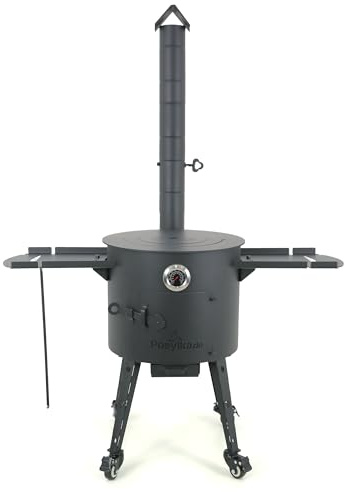 Horno de fuego Utschak Ø 40 cm para wok Kazan 12 L con tubo de extracción, termómetro, para cocina al aire libre, brasero y cañón de goulash, estufa uzbeka Plov Grill (anillo adaptador redondo)