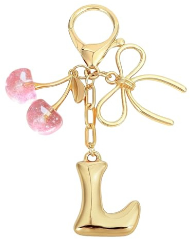 LECTNORE Cherry Heart Keychain with Initial Letter, Cute Bow and Cherry Design, Gold Bag Charm for Women, Purse and Handbag Accessories