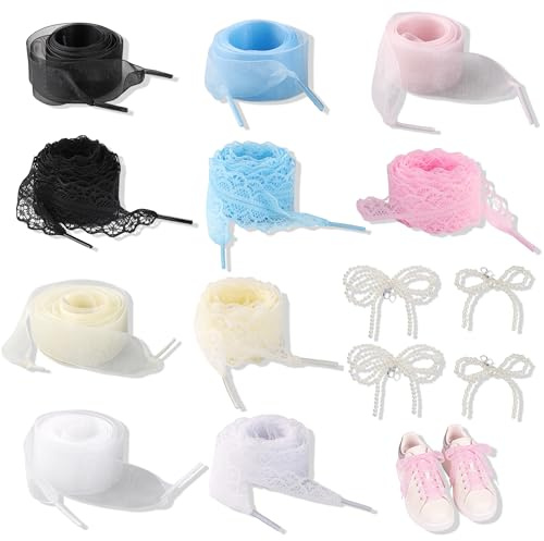 10 Pares Cordones de Encaje, Cordones Planos para Zapatillas 2.3-3 cm de Ancho, Multicolor Elástico Cordone de Cinta 120cm con Decoraciones de Zapatos para Mujer Zapatillas Decor
