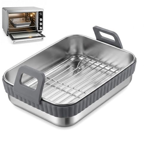 Teglia per Friggitrice ad Aria in Acciaio Inossidabile, Teglie Cestino con Griglia e Manico in Silicone, Accessori Friggitrice ad Aria Rettangolare 20x15x5,58 cm, Accessori Airfryer Facili da Pulire