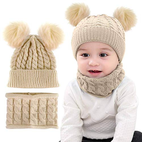 CheChury Niños Sombrero y Bufanda Conjunto Unisex Niños Niñas Invierno Bebe Gorros con Pompon Y Bufanda de Punto Cuello Redondo para 0-24 Meses Niña Niño