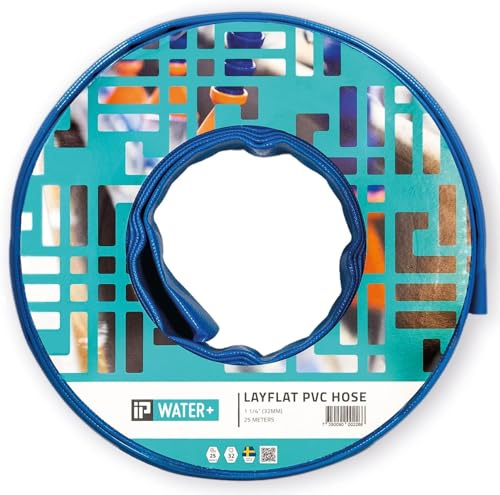 IP Water+ Flachschlauch | Ø 32 mm | 1 1/4 Zoll, 25 m | Bauschlauch & Pumpenschlauch für Pumpe | Schlauch aus PVC, flach aufrollbar | Wasserschlauch
