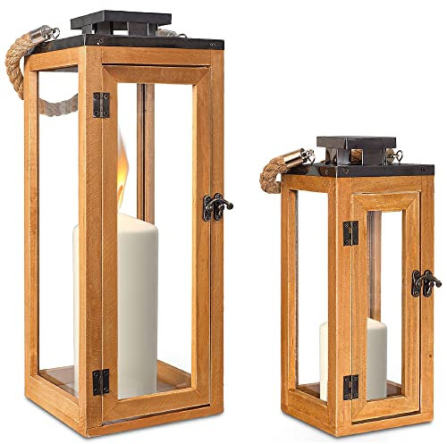 Gadgy® Holzlaternen 2er Set Laternen groß für Innen und Außen | Windlicht groß | Laterne Deko | Kerzenständer Holz | Haustür Deko | Windlicht Glas Set | Laterne Holz Weihnachten Deko