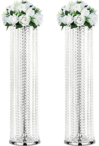 LANLONG Luxuriöser Kristall-Blumenständer, Hochzeitsdekoration auf dem Boden, hoch, Metall-Blumenarrangement, Tisch-Blumenvase für Hochzeit, Party, Hotel, Heimdekoration, 2 Stück