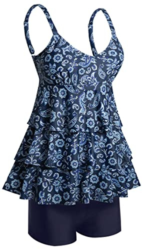 ECUPPER Womens Tankini Sets with Shorts Plus Size Swimwear 2 Piece Swimsuits Ruffle Flounce Tankini Top and Shorts Navy Bandanna
