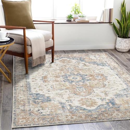 TOPICK Teppich 90x150cm Orange Floral Faltbar Waschbar Superdünne Vintage Blumenteppich Kurzflor Orientalischer Küchenteppich für Innenbereich Schlafzimmer Wohnzimmer Esszimmer Büro Flur