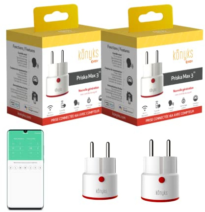 Konyks Priska MAX 3 FR DUAL PACK - WiFi+BT, funciones avanzadas, 16A, contador de consumo, compatible con Alexa, Google Home & Tuya, paquete de 2