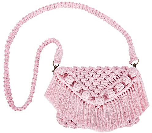 WEBEEDY Makramee Taschen Kit Böhmische Strandtasche Schultertasche Makramee Kit DIY Häkel Kit Für Anfänger Erwachsene Beutel Quaste Umhängetasche Handgewebte Rosa Geldbörse Geschenk zum Weihnachten