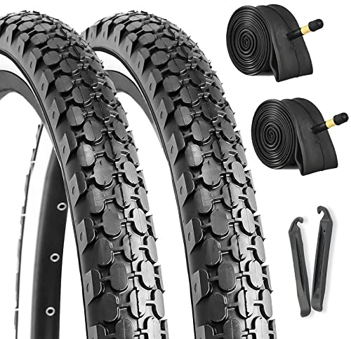 2-Pack Cruiser Bike Tires Set: Hycline 26x2.125 inch Folding Replacement Puncture-Resistant Bicycle Tires and Pair 26-inch Inner Tubes with Tire Levers for Beach or Urban City Commuter Bike-White