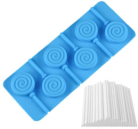 WishesMar Moldes de Silicone de 6 Cavidades para Piruletas Cake Pop Forma de Ranura de Espiral Viene con 50 Palitos de cartón - Antiadherente Molde de Forma Especial para Lollipop, Chocolate, Caramelo