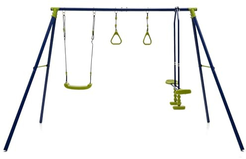 RELAX4LIFE Set di Altalena per Bambini da Esterno 3 in 1, in Metallo con 1 Faccia a Faccia, 2 Anelli da Ginnastica, Regolabile, 4 Picchetti da Terra, per Bambini 3-10 Anni