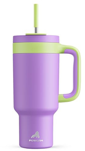 POWCAN 40 oz tumlare med handtag, 2-i-1 sugrör och sipplock, läckagesäker, diskmaskinssäker, isolerad resemugg i rostfritt stål, håller sig kall i 34 timmar, passar i bilmugghållare (blåregn, blå)