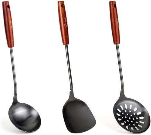 FJNATINH Wok Ladle, Wok Spatula and Slotted Spoon, Stainless Steel Kitchen Utensil Set, Dishwasher Safe, 36.2-38.1 cm
