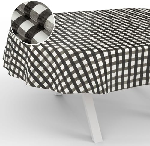 ANRO Mantel de Hule Lavable, para jardín, Exterior e Interior, Ovalado, 180 x 140 cm, Borde de Corte, a Cuadros, Negro